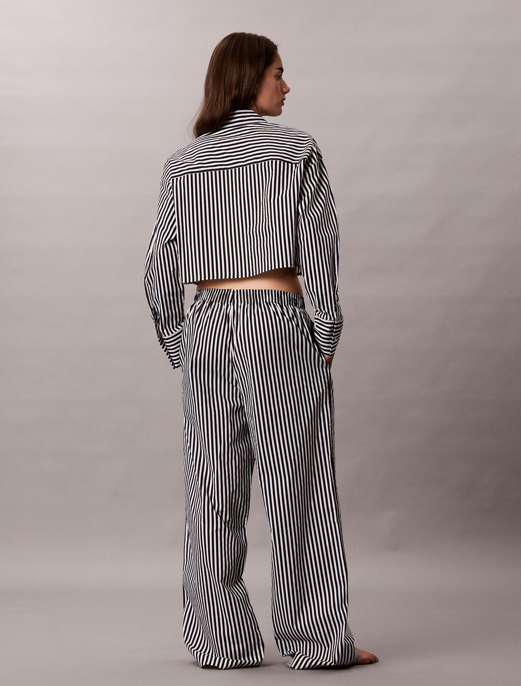 Cropped Cotton Poplin Pyjama Top, PENNY STRIPE+Black, hi-res