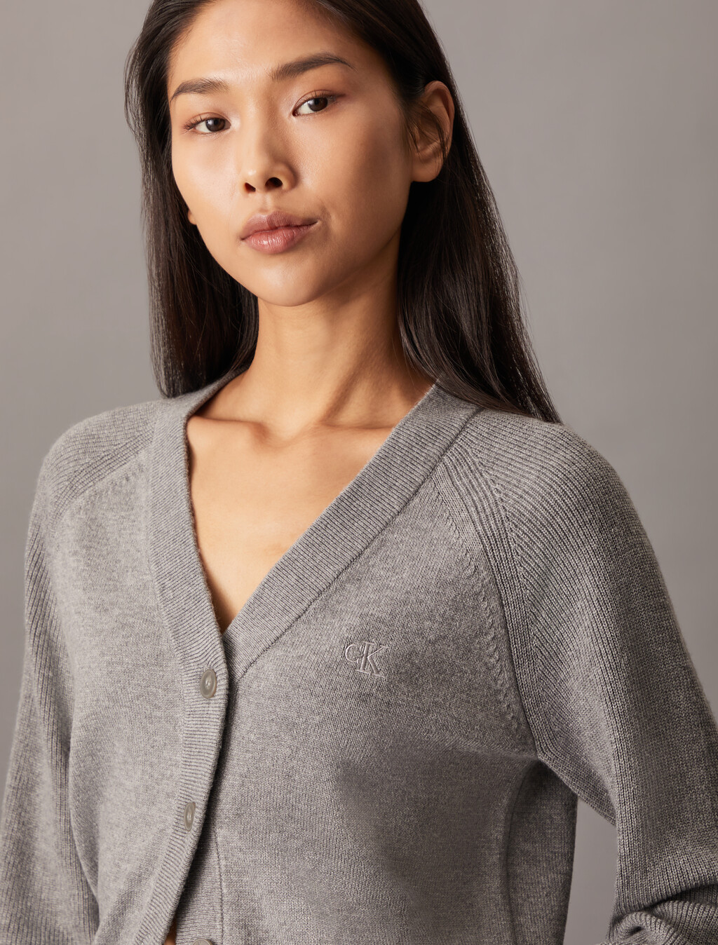 V Neck Rib Knit Cardigan, Grey Heather, hi-res