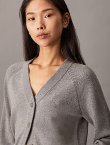 V Neck Rib Knit Cardigan, Grey Heather, hi-res