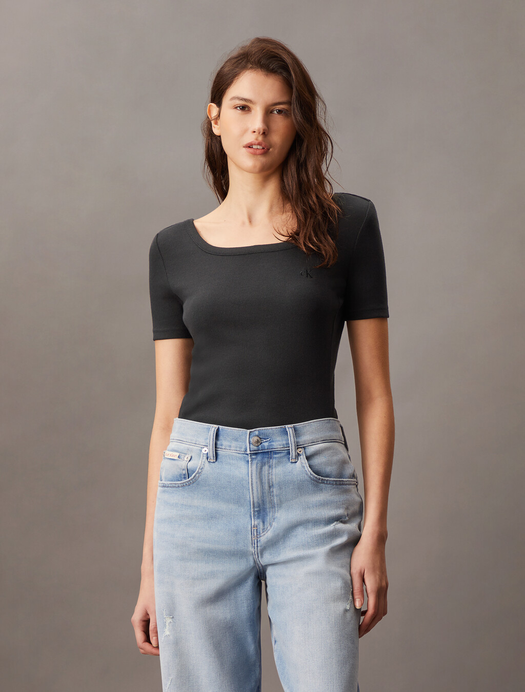 Casual Scoop Neck Rib Knit Tee, Black, hi-res
