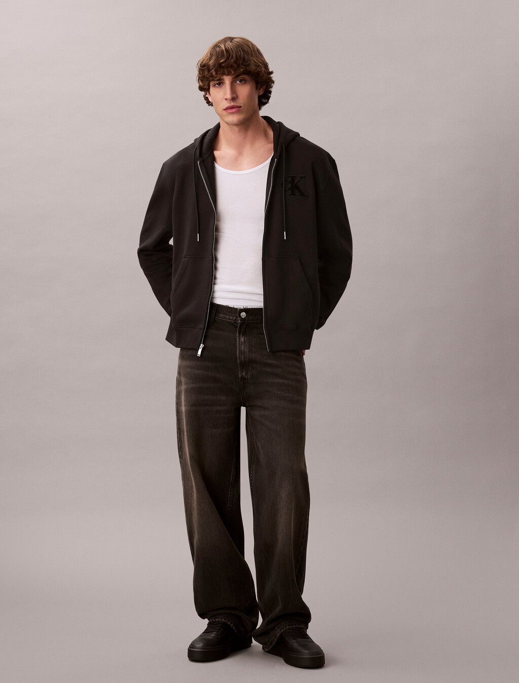 Velvet Monogram Zip Thru Hoodie, Black, hi-res