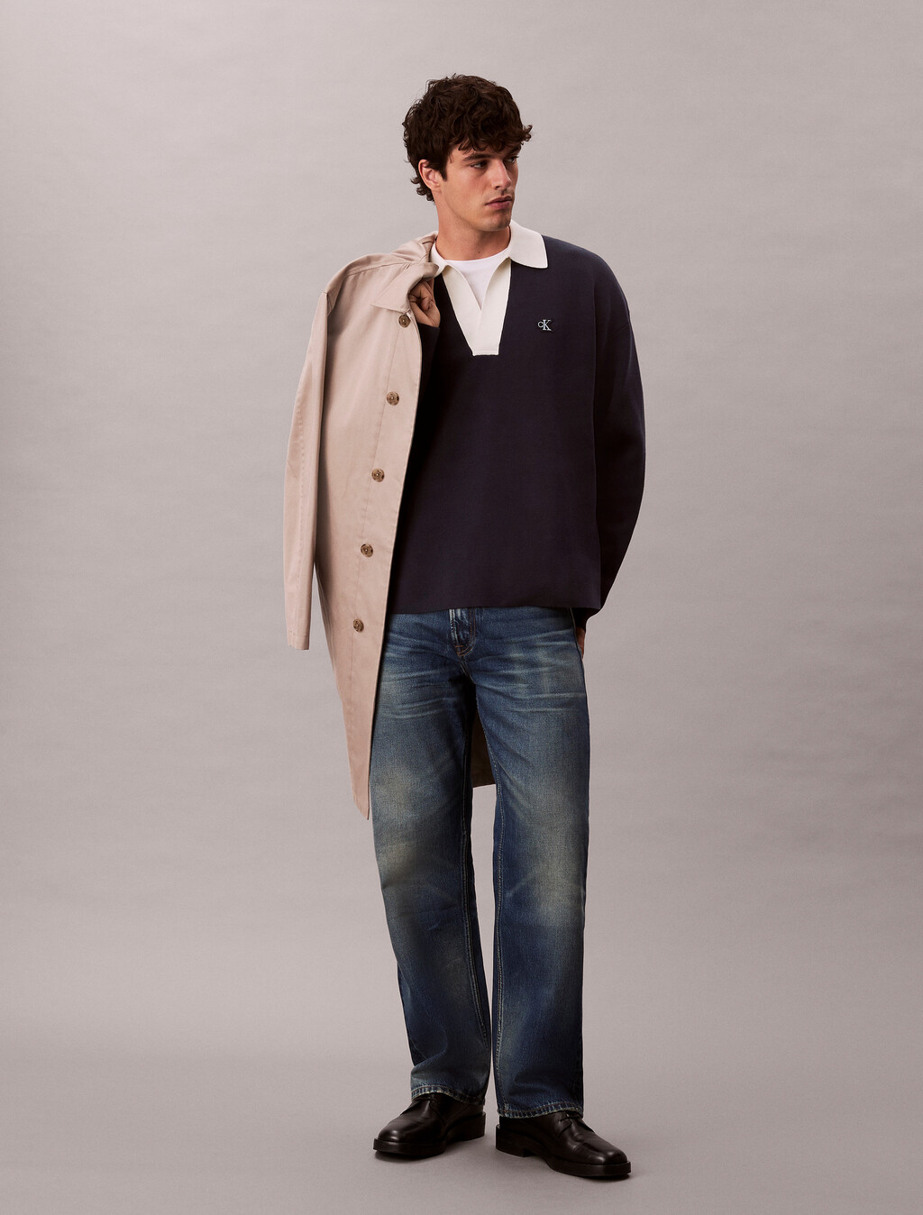 Cotton Relaxed Johnny Collar Sweater, Dark Sapphire, hi-res