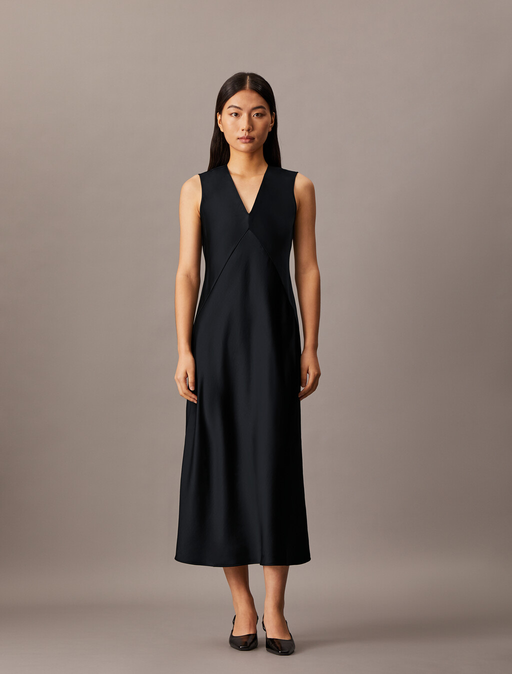 Essentials Satin Sleeveless V Neck Dress, Black Beauty, hi-res