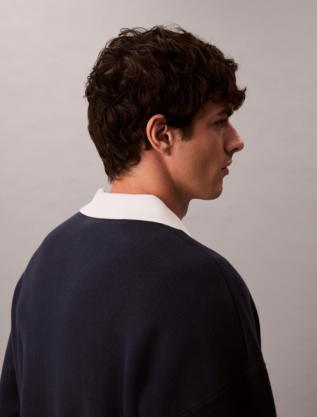 Cotton Relaxed Johnny Collar Sweater, Dark Sapphire, hi-res