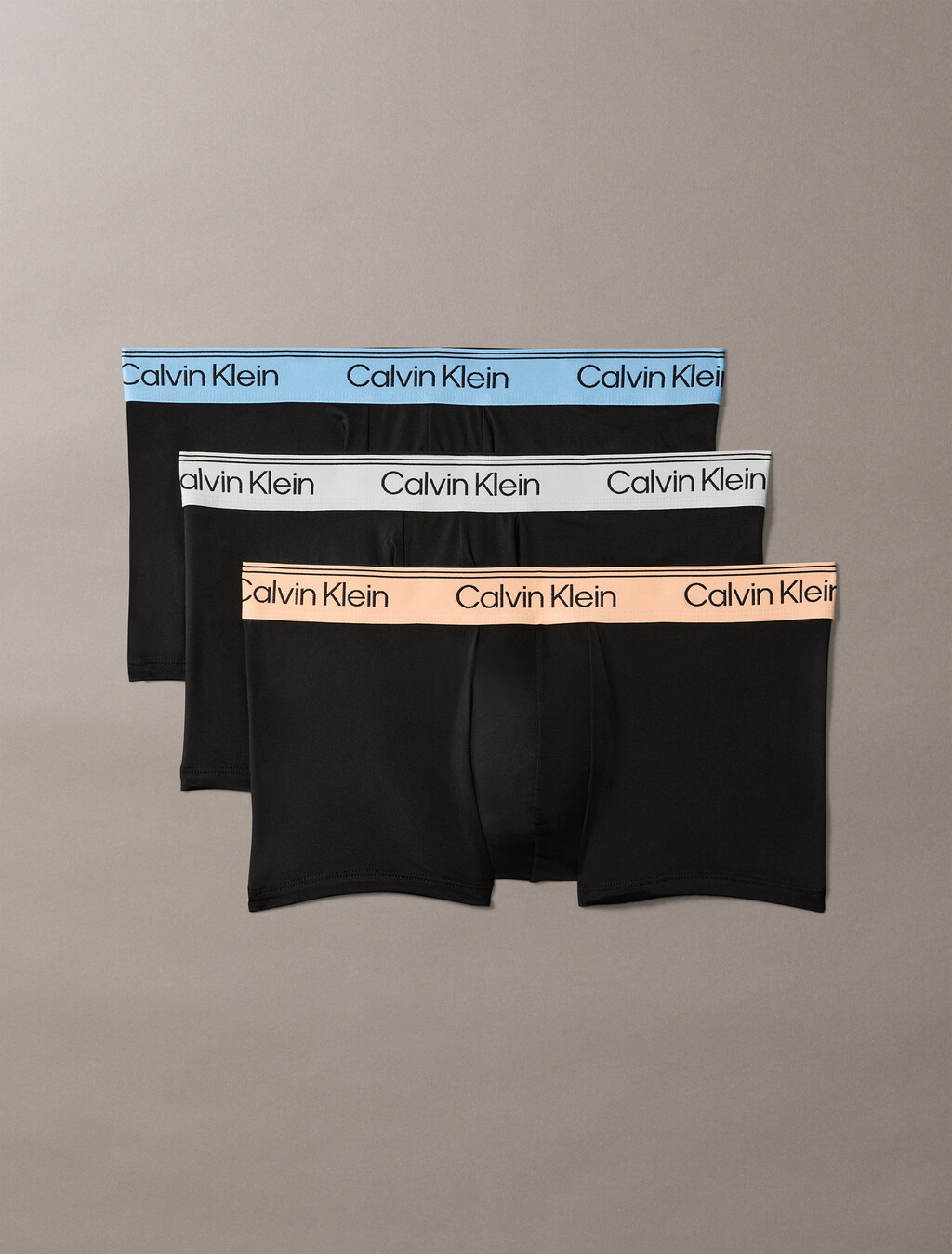 3 Pack Low Rise Trunks - Microfibre Stretch, Black Bodies w/ Gulf Blue/Light Cast/Peach Bliss W, hi-res