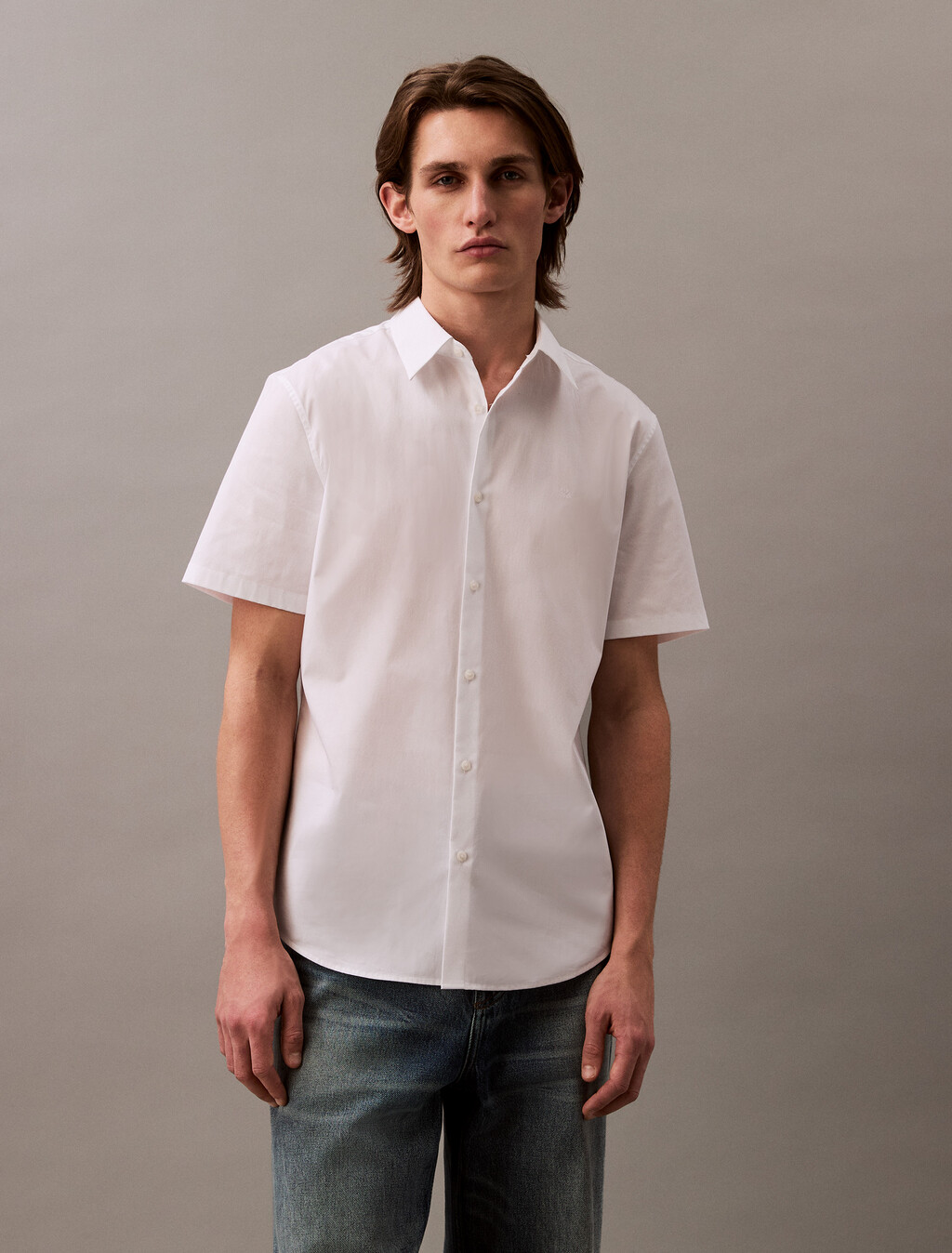 Stretch Cotton Slim Shirt, Brilliant White, hi-res