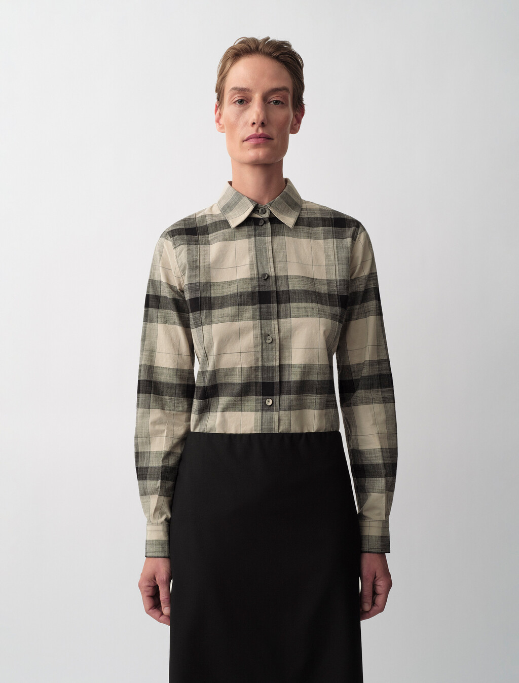 Scarlett Plaid Button-Down Shirt, Black, hi-res