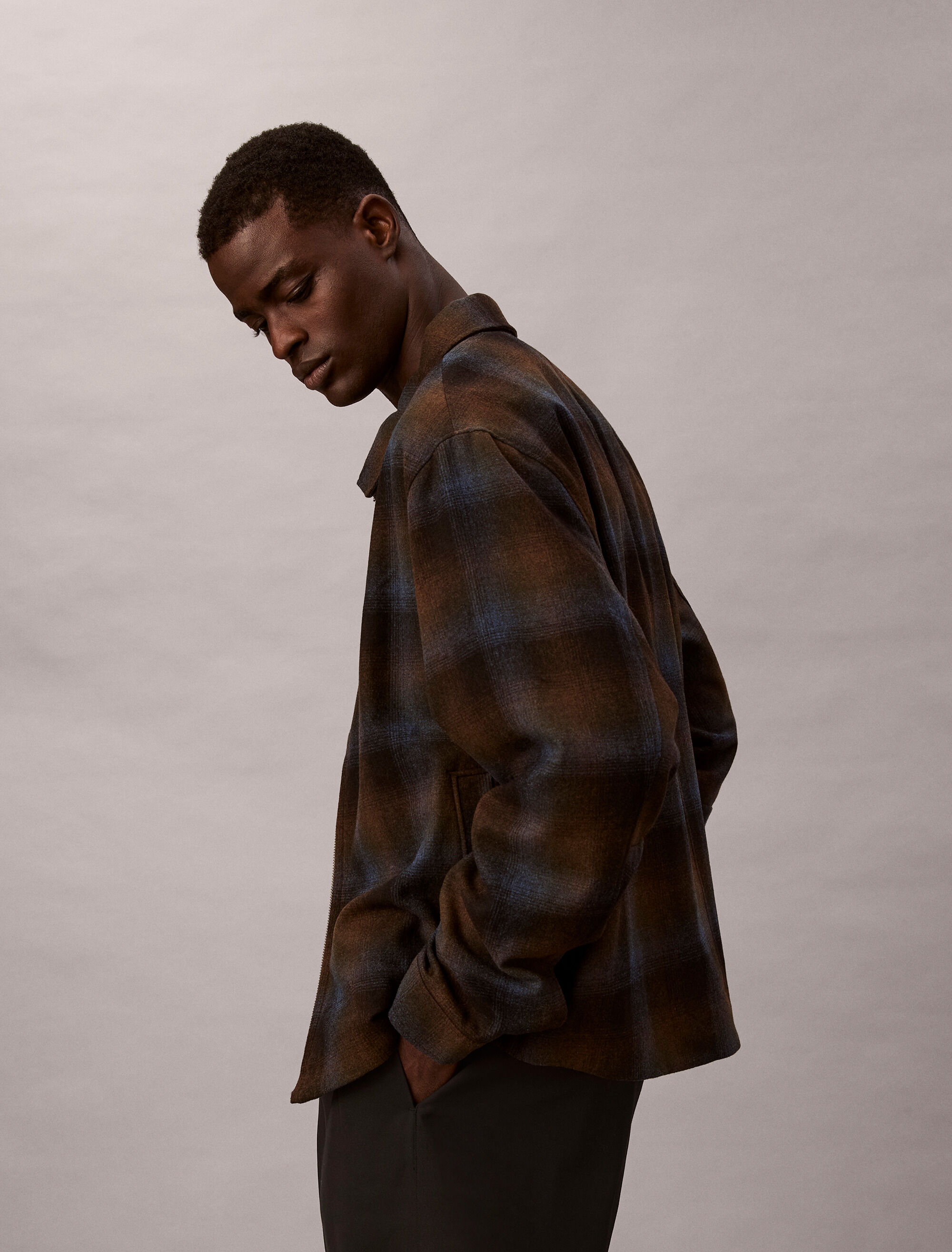 Yarn-Dyed Wool Blend Flannel Zip Jacket | brown | Calvin Klein