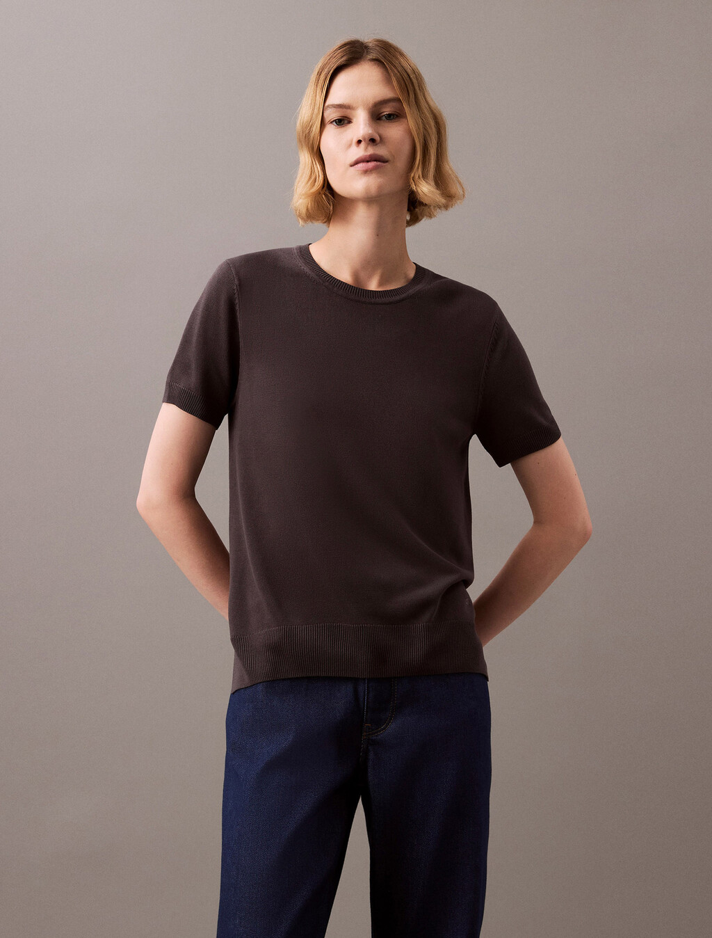 Fine Gauge Viscose Short Sleeve Sweater, Forged Iron, hi-res