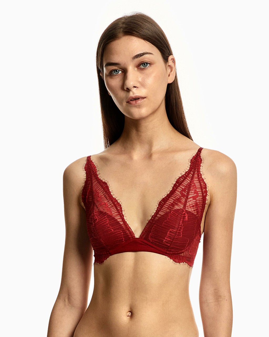 CK Black Linear Lace Lightly Lined Triangle Bra, red