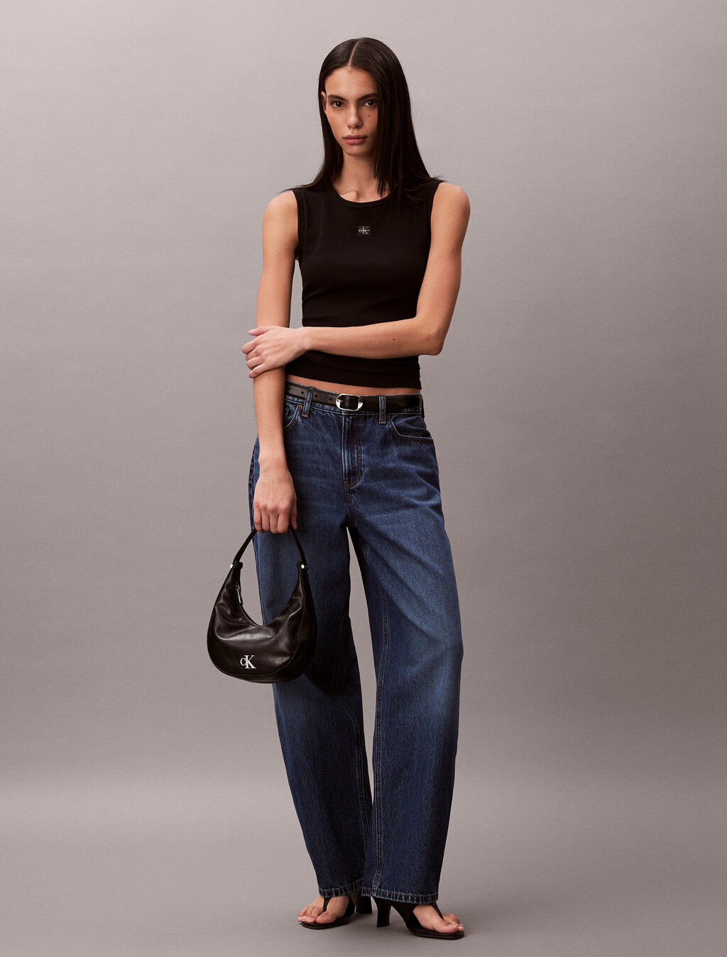 Monogram Label Cutout Tank Top, Black, hi-res