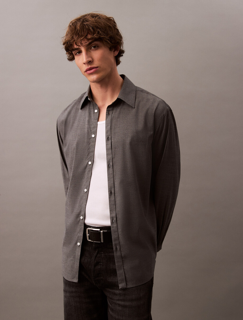 Relaxed Wool Blend Button-Down Shirt, Grey Heather, hi-res