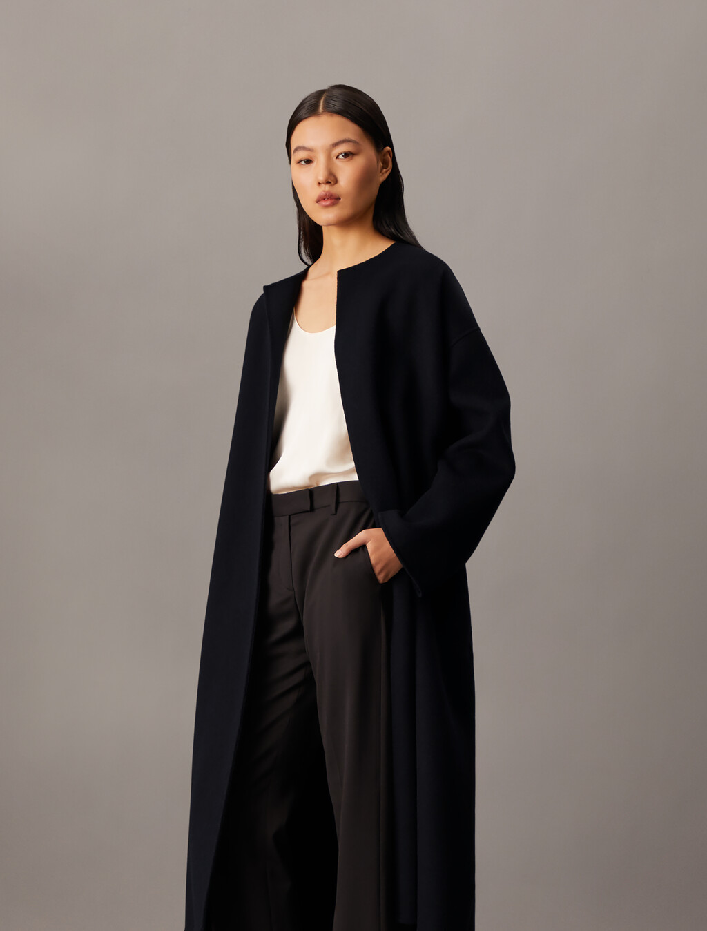 Cashmere Wool Blend Collarless Wrap Coat, Black Beauty, hi-res