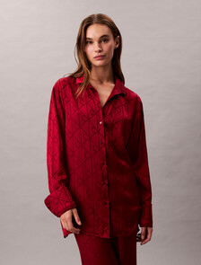 Satin Sheen Print Pyjama Shirt, 19519 GIGA SATIN SHINE EMBLEM+RED STAMP, hi-res