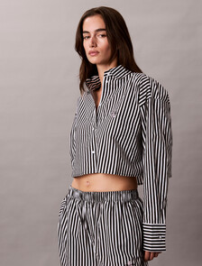 Cropped Cotton Poplin Pyjama Top, PENNY STRIPE+Black, hi-res