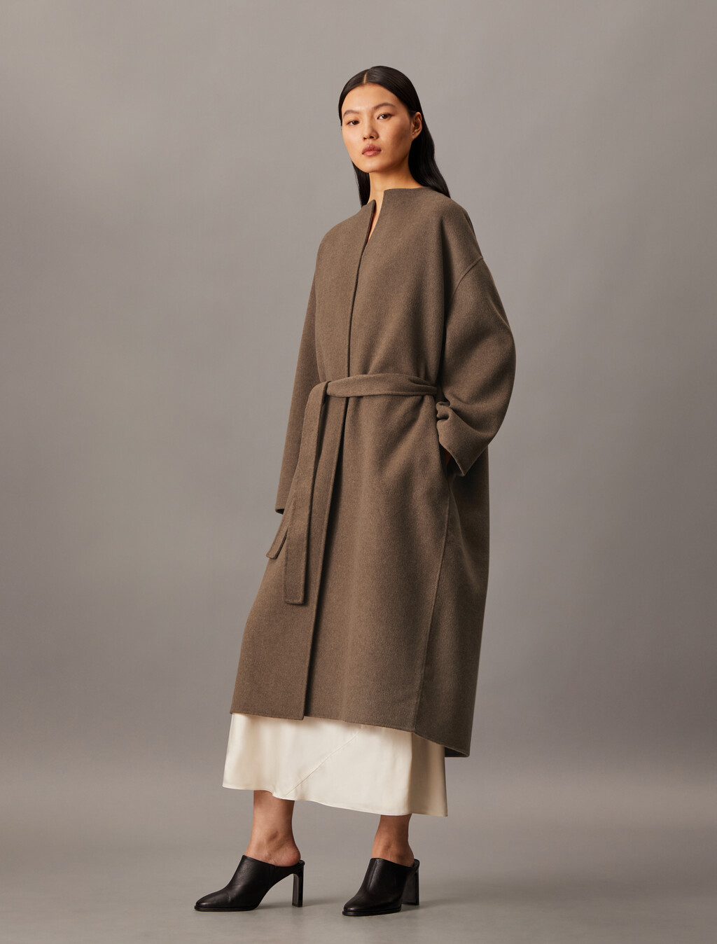 Cashmere Wool Blend Collarless Wrap Coat, Spiced Plum Melange, hi-res
