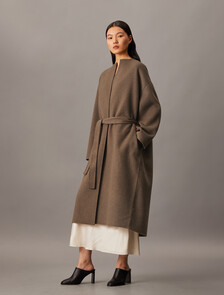 Cashmere Wool Blend Collarless Wrap Coat, Spiced Plum Melange, hi-res