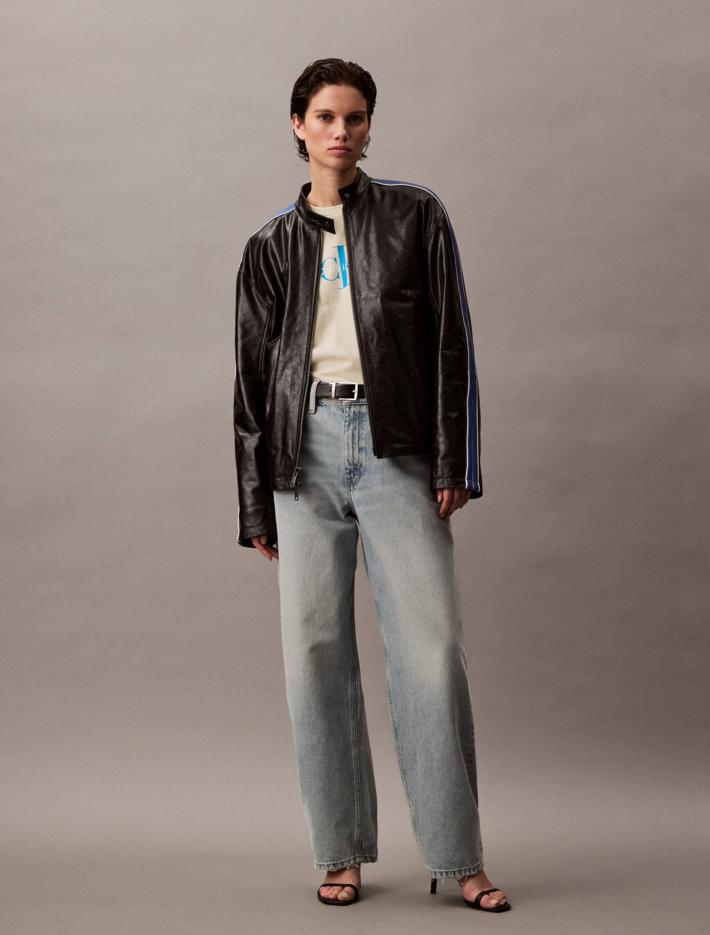 Relaxed Leather Zip Jacket, Black / Déja Vu Blue / White, hi-res