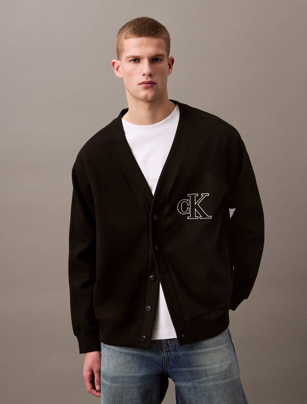 Double Knit Logo Applique Cardigan, Black, hi-res