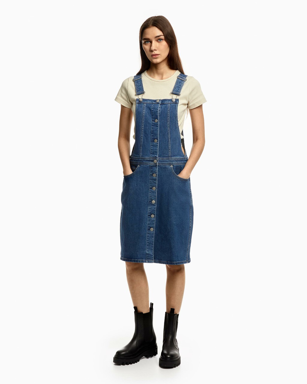 MIDI DUNGAREE DRESS, Dark Blue, hi-res