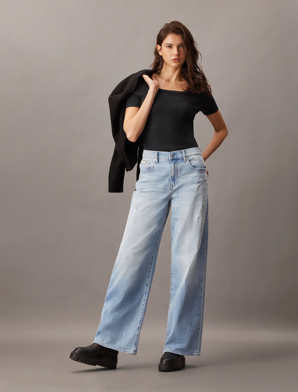 Casual Scoop Neck Rib Knit Tee, Black, hi-res