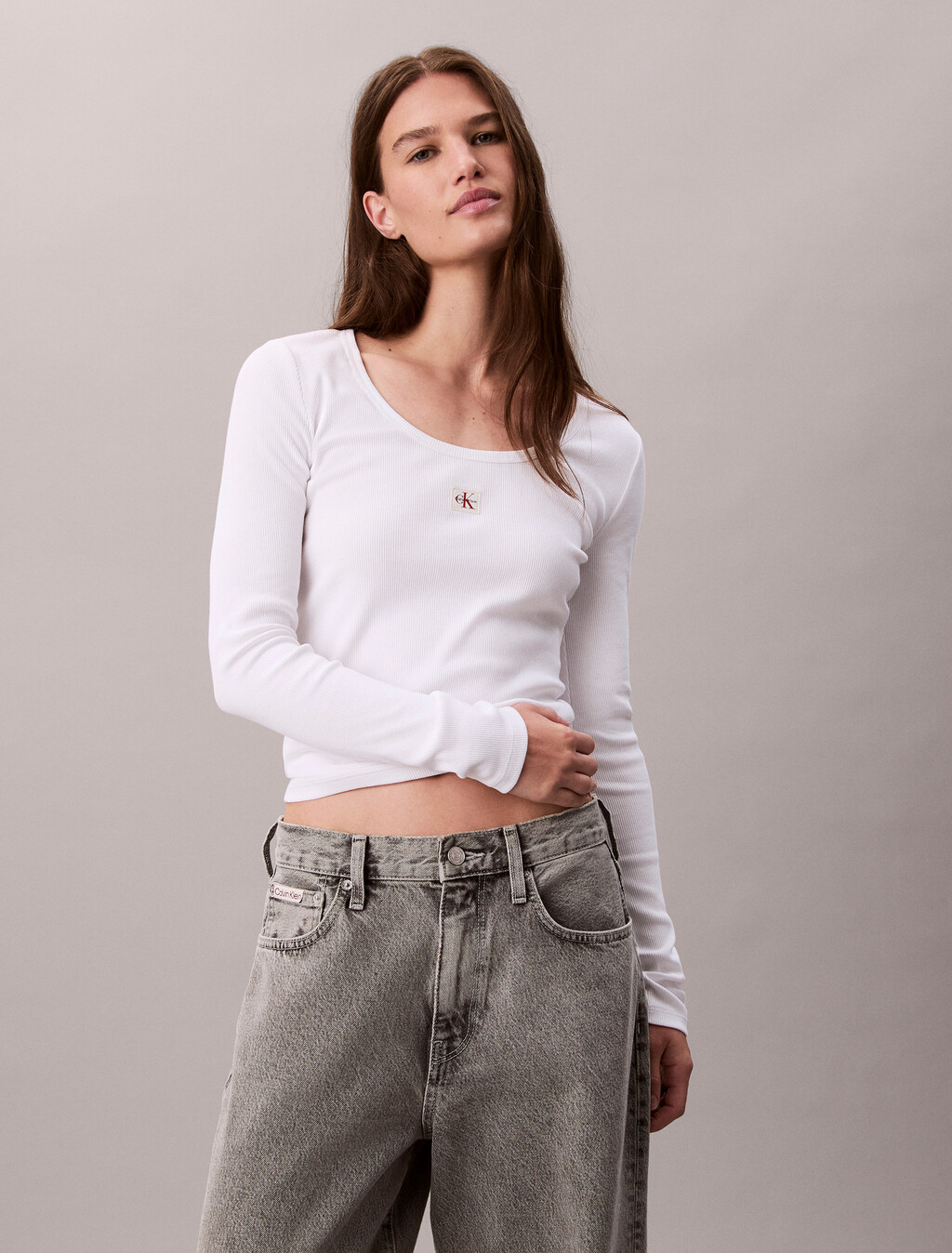 Ribbed Cotton Long Sleeve Top, Brilliant White, hi-res
