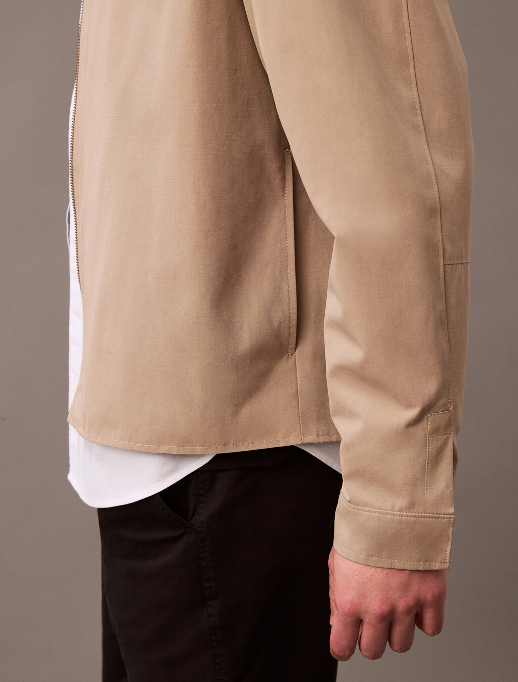 Leather Collar Bomber Jacket, Greige, hi-res