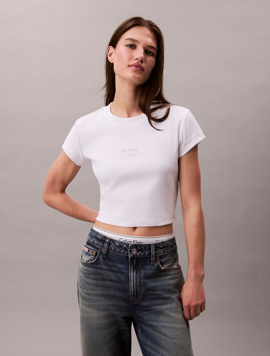 Slim Cropped Monogram T-shirt, Brilliant White, hi-res