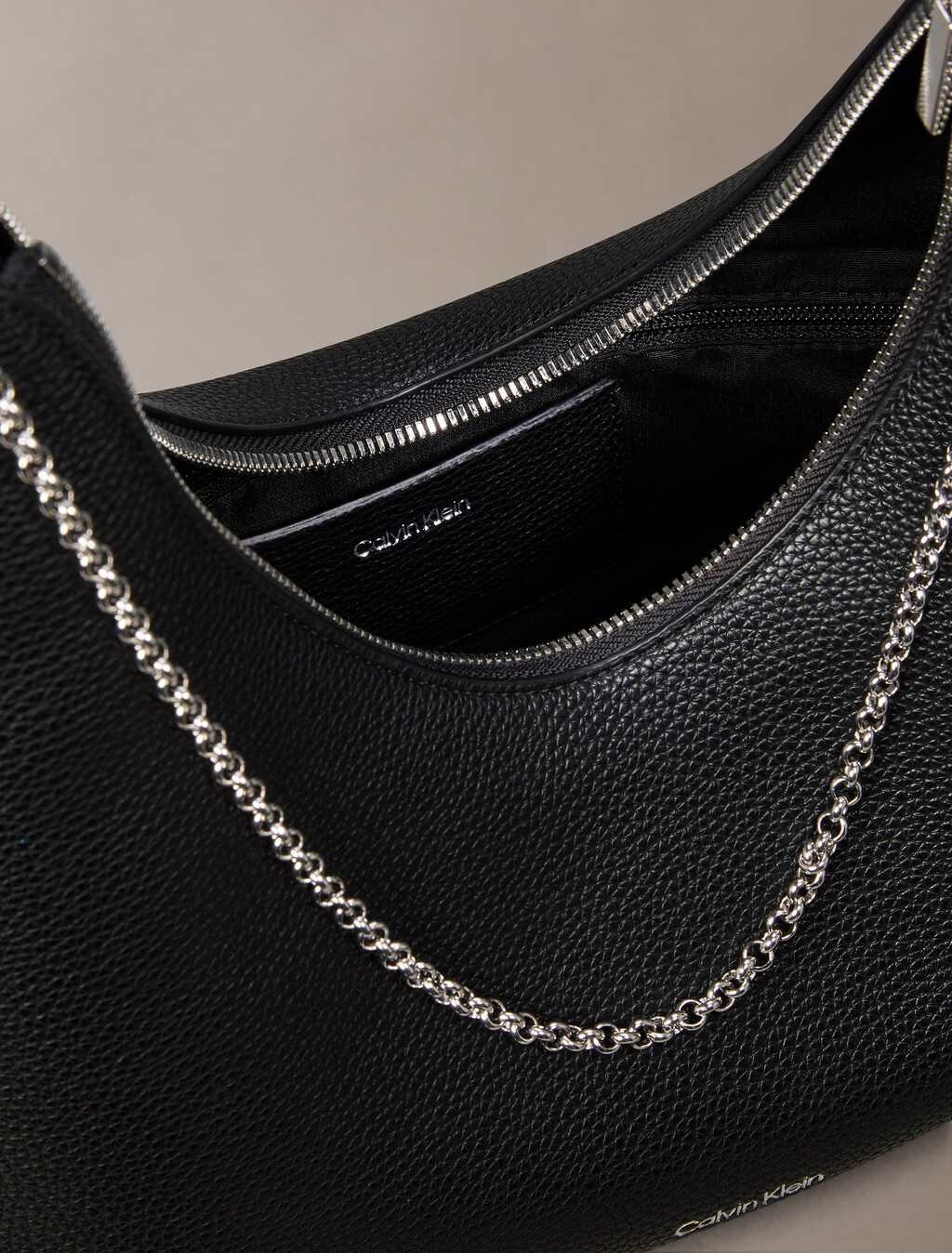 Pebbled Jewellery Chain Hobo Bag, Black, hi-res