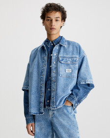Oversized Short Sleeve Denim Shirt, Denim Medium, hi-res