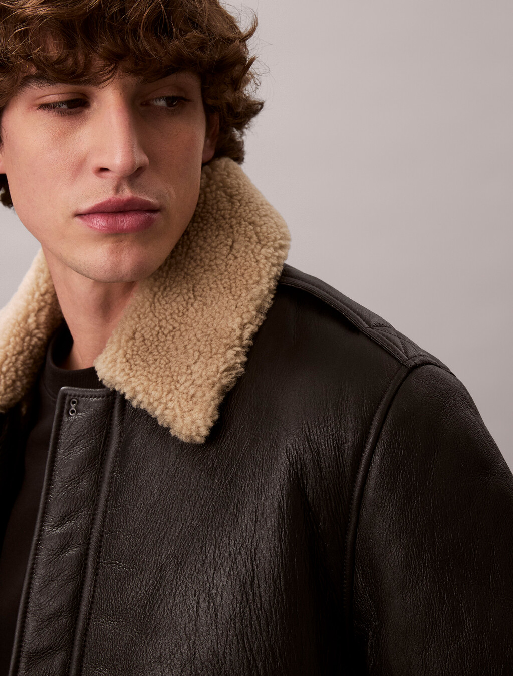 Shearling Leather Flight Jacket, Black / Natural, hi-res
