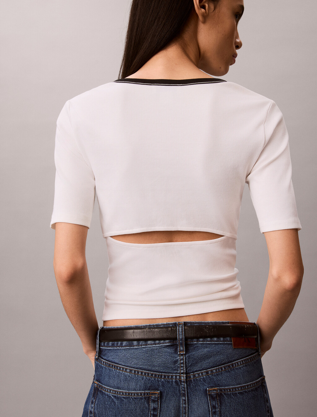 Slim Ribbed Open Back T-shirt, Bright White, hi-res
