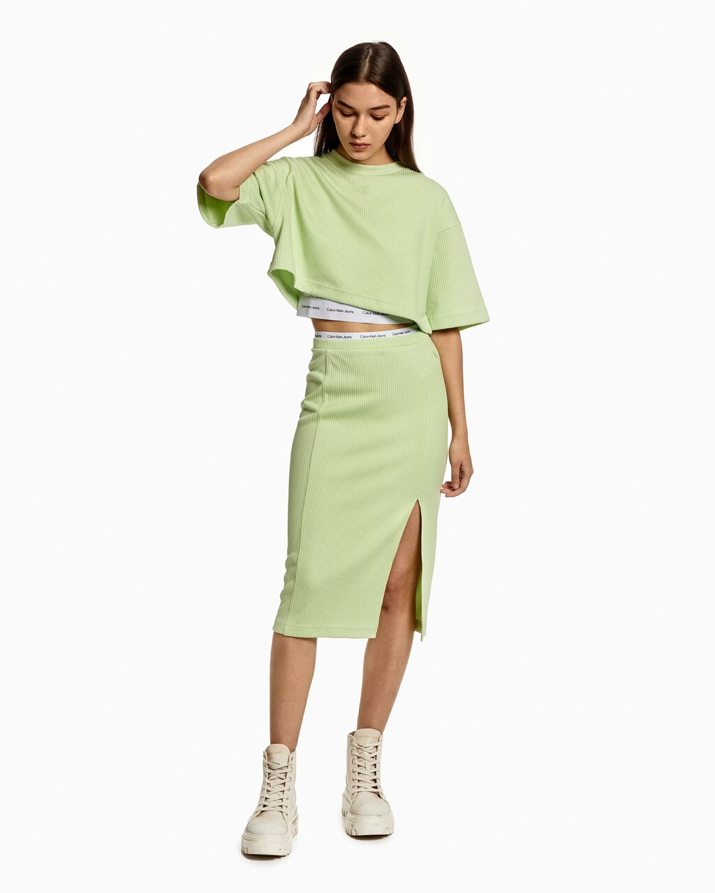 FRONT SLIT PENCIL MIDI SKIRT, Exotic Mint, hi-res