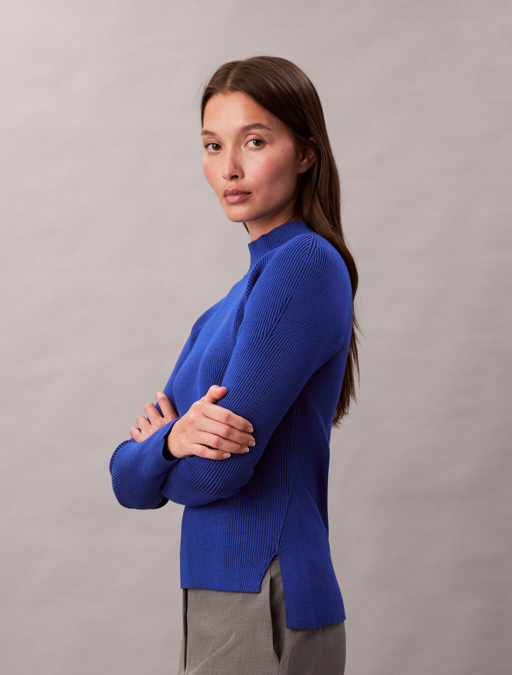 Tech Knit Ribbed Mock Neck Sweater, Cobalt Combo, hi-res