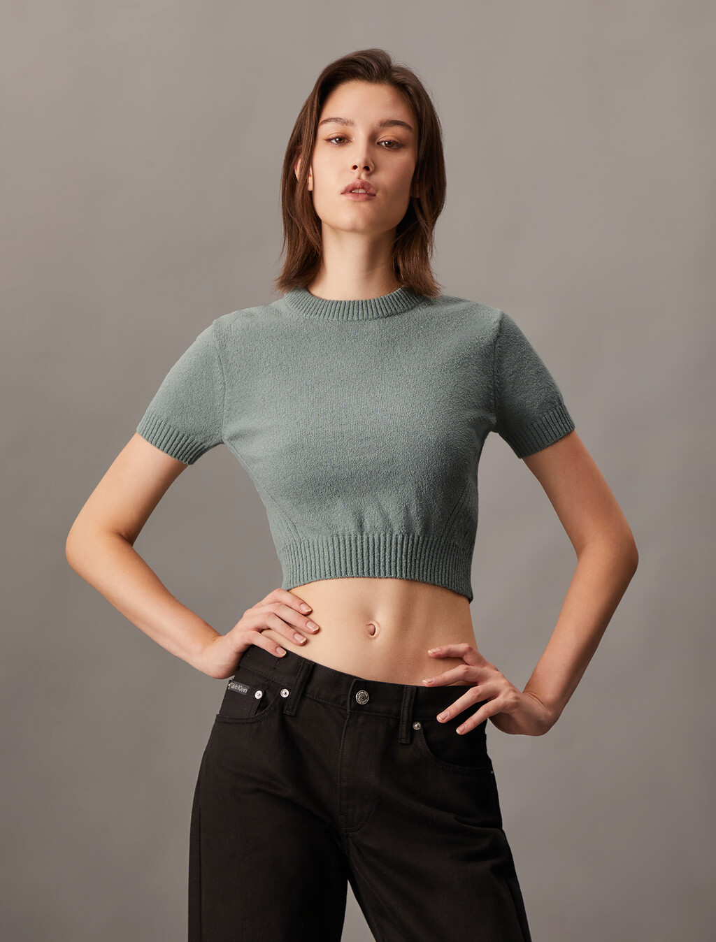 Cropped Short Sleeve Sweater, Slate Gray, hi-res