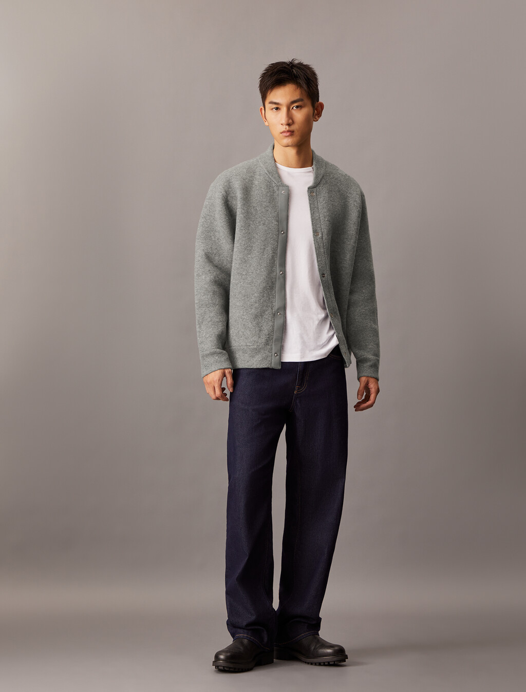 Boiled Wool Blend Snap Bomber, Medium Grey htr, hi-res