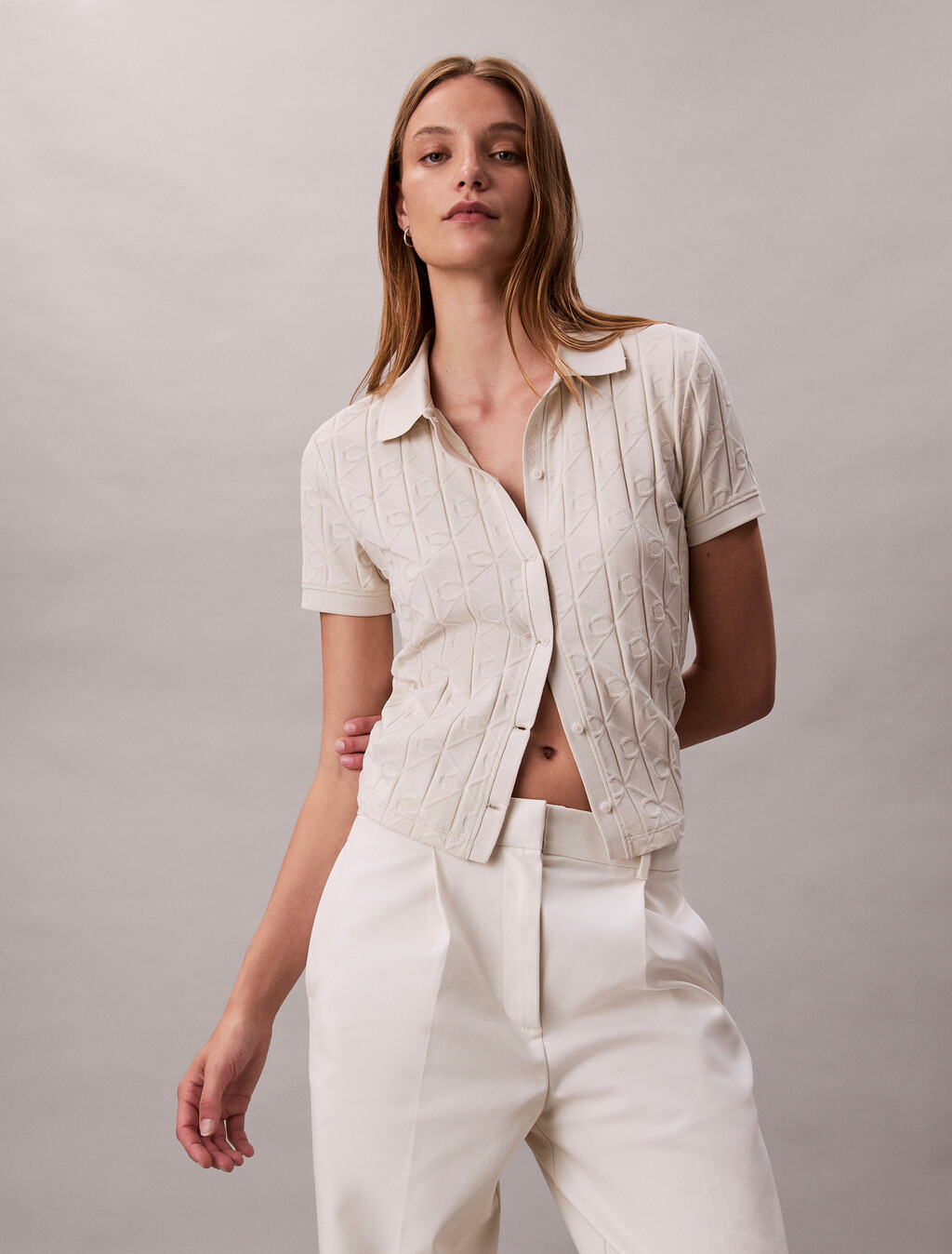 Allover Monogram Logo Jacquard Polo Top, Chalk, hi-res