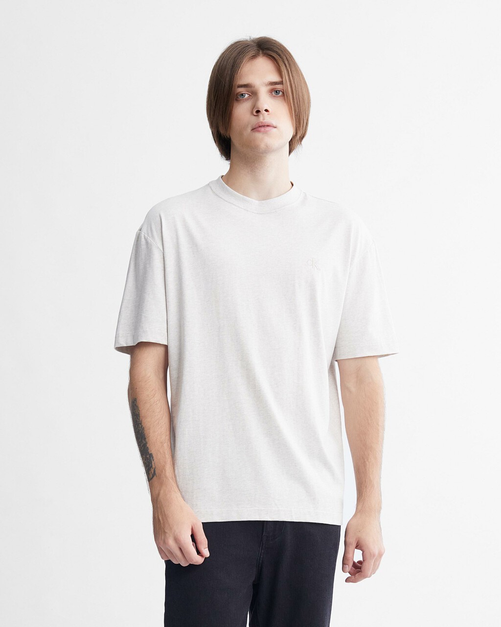 Calvin Logo Crew Neck Tee, Chalk Heather, hi-res