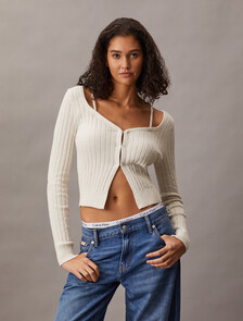 Cropped Rib Knit Cardigan, Chalk, hi-res