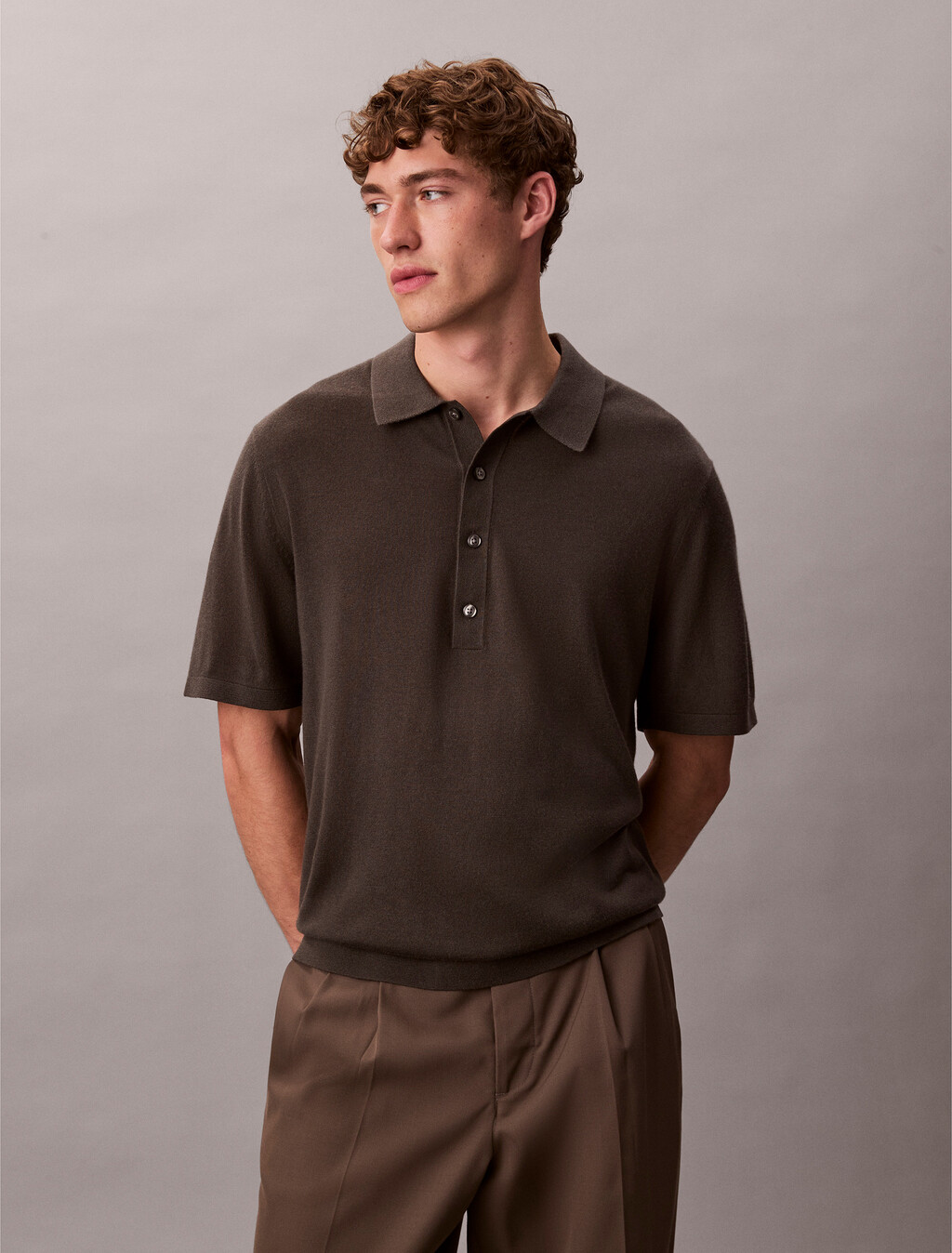 Silk Cashmere Polo Sweater, Beluga, hi-res