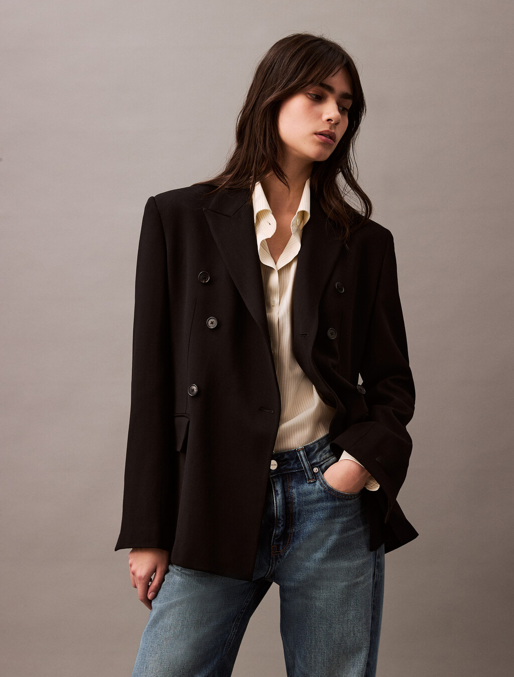 Slim Wool Gabardine Double-Breasted Blazer, Black, hi-res
