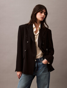 Slim Wool Gabardine Double-Breasted Blazer, Black, hi-res