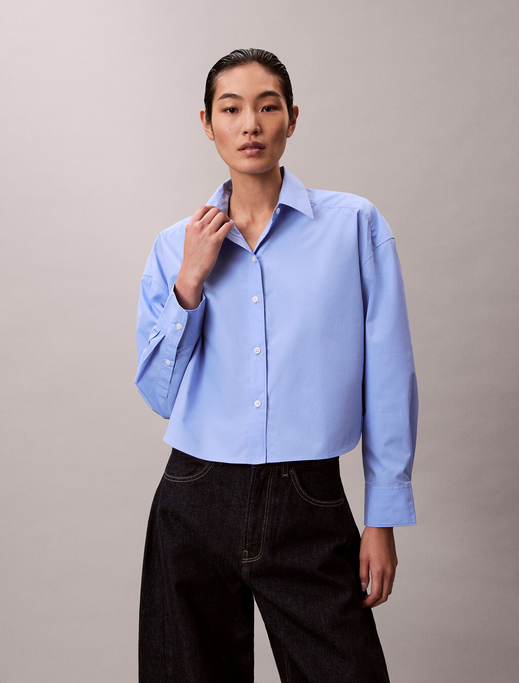 Poplin Relaxed Cropped Button-Down Shirt, Hydrangea, hi-res