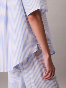Cotton Poplin Pyjama Button-Down Shirt, SERA STRIPE BLUE DESCENT, hi-res