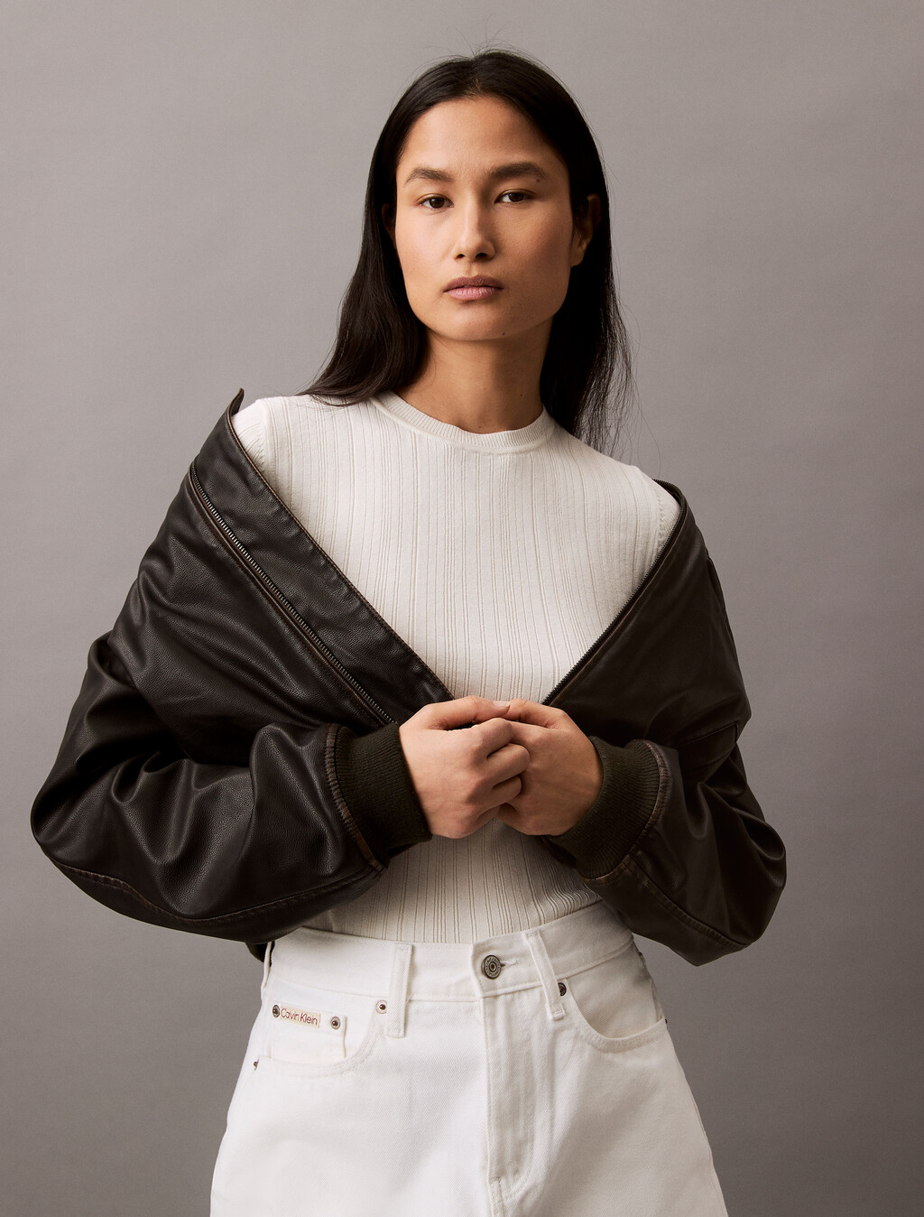 Cotton Variegated Rib Knit Top, Tofu, hi-res