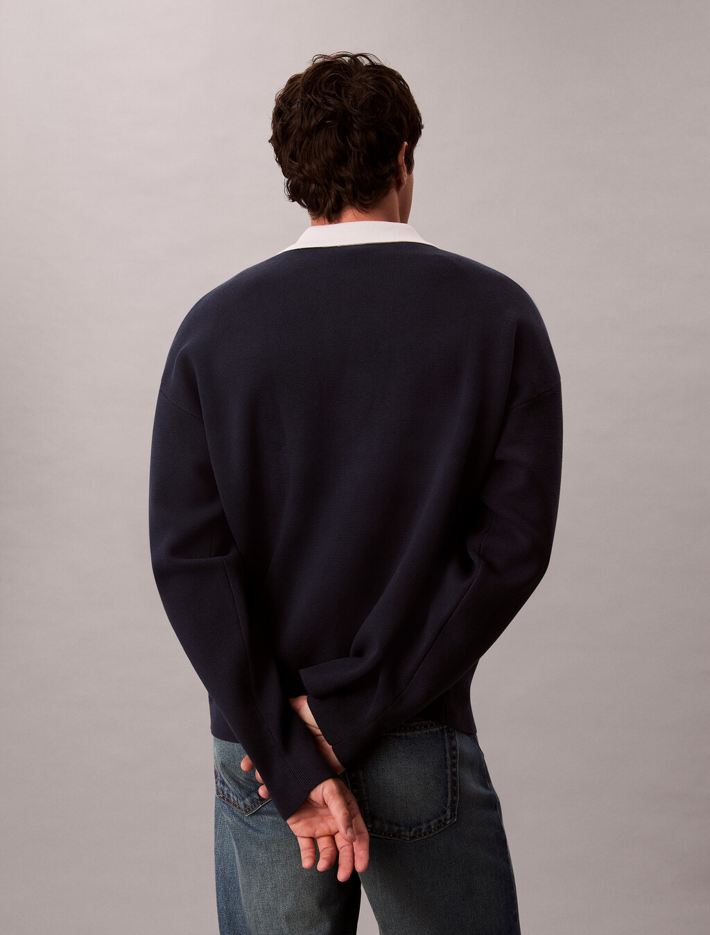 Cotton Relaxed Johnny Collar Sweater, Dark Sapphire, hi-res
