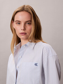 Cropped Cotton Poplin Stripe Shirt, Breezy Blue Three Color Refined Stripe, hi-res