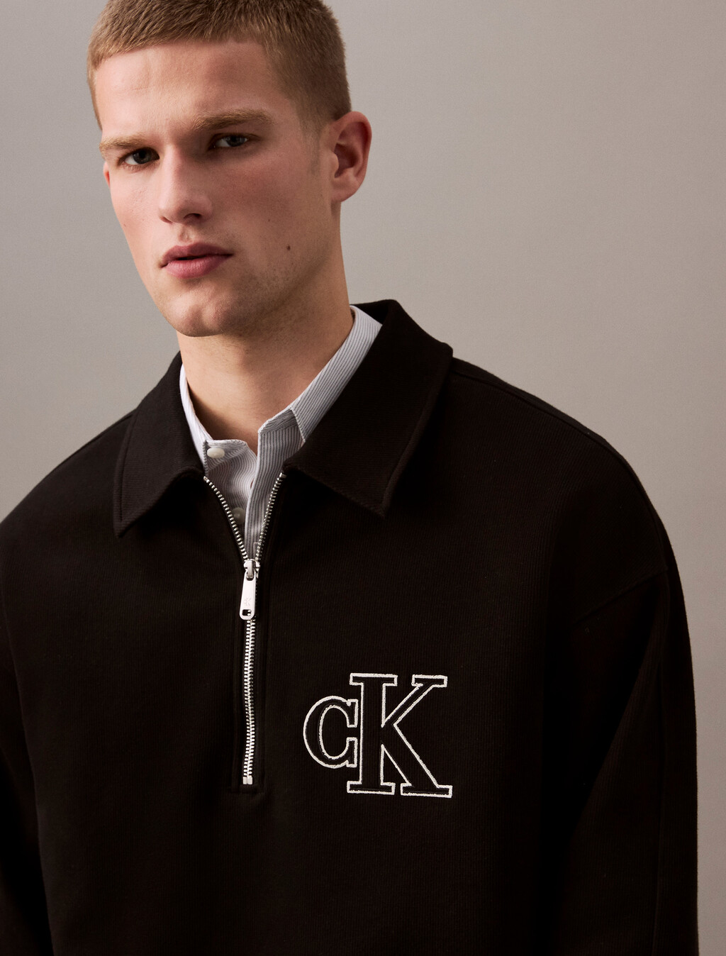 Rib Knit Logo Applique Zip Polo, Black, hi-res