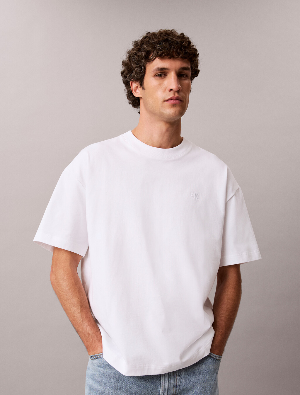 Oversized Embossed Monogram Tee, Bright White, hi-res