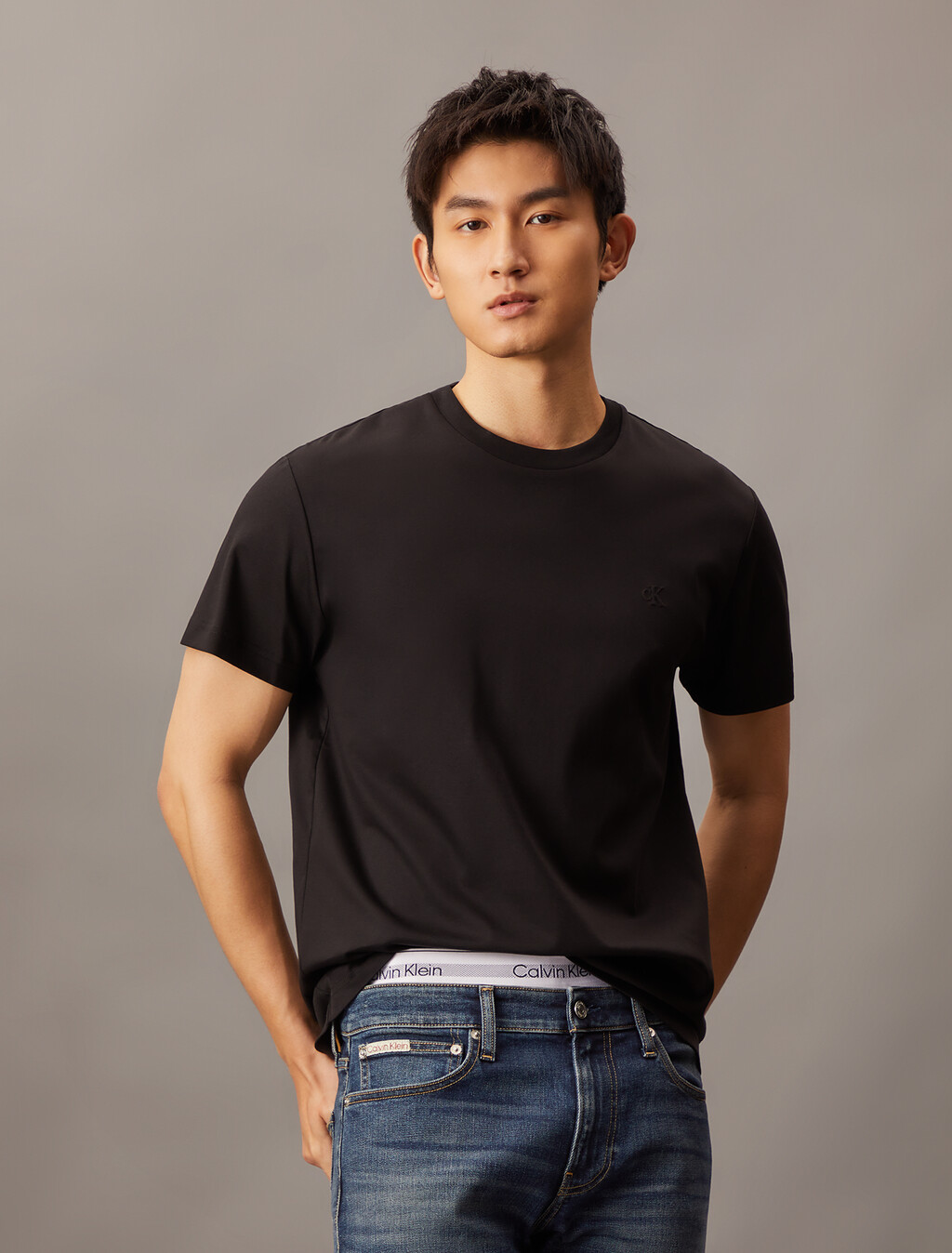 Embossed Monogram Slim Tee, Black, hi-res
